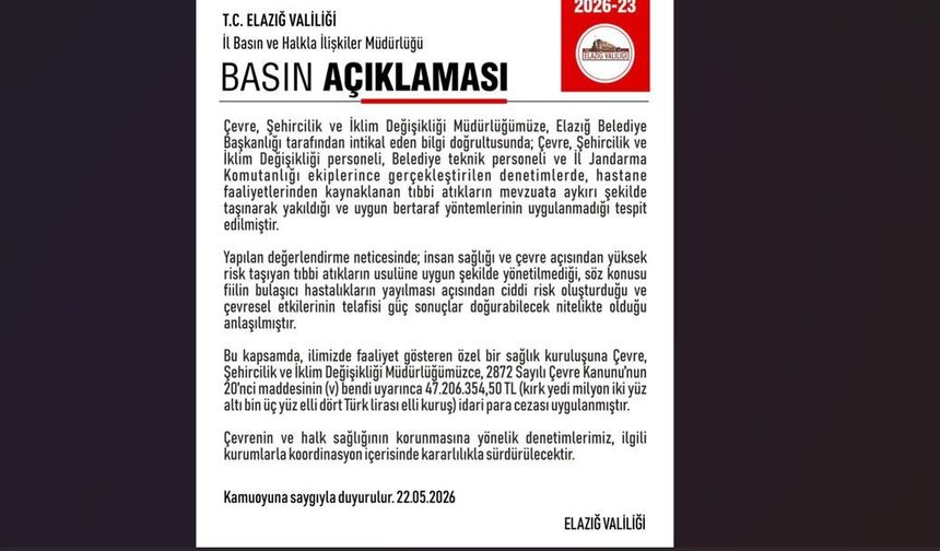 Elazığ’da özel bir hastaneye 47 milyon lira ceza kesildi