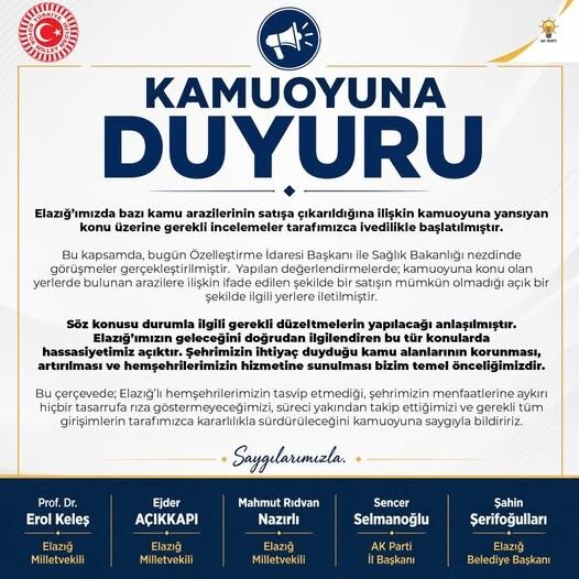 “Elazığ’da Arazi Satışı Tartışması: AK Parti’den Net Mesaj ‘İnceleme Başlatıldı, Geri Adım Yok’”