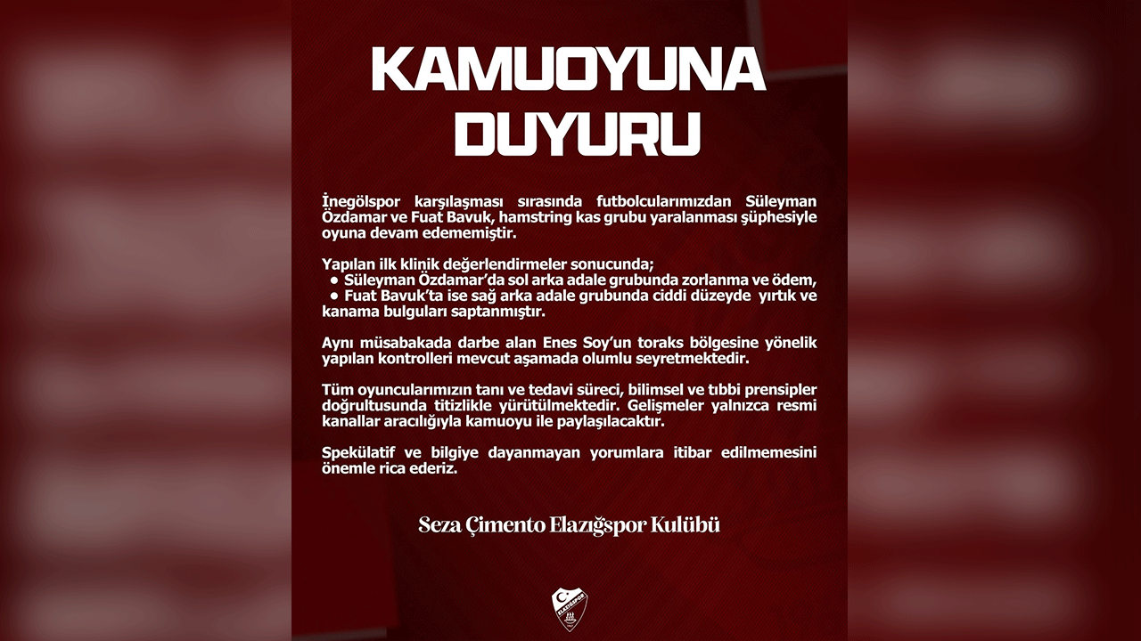 Elazığspor’dan sakat futbolculara ilişkin açıklama