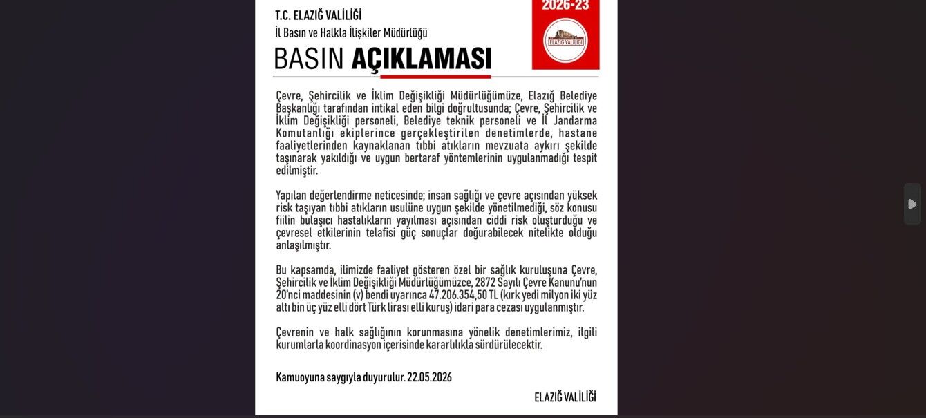 Elazığ’da özel bir hastaneye 47 milyon lira ceza kesildi
